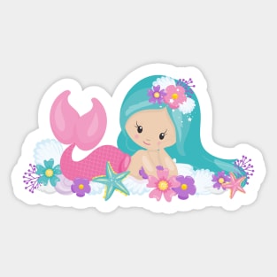 Cute Mermaid, Little Mermaid, Flowers, Blue Hair Sticker